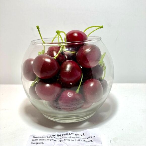 BOWL of CHERRIES Green Stems Glass Bowl Centerpiece Fruit Decor  Rim 4.5 in - Picture 8 of 12